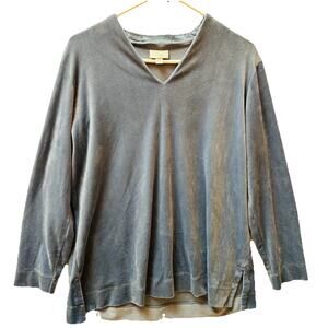 J Jill Purejill Top Womens Large Blue Velour Soft V Neck Pullover Stretch Career